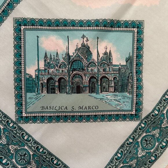 Vintage Italian Venezia Scarf 30 Inch Square Turquoise White Academia Style - Picture 5 of 12
